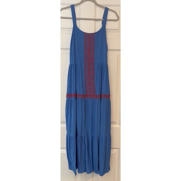 Skies Are Blue Dresses & Skirts - Skies Are Blue Maxi Sundress Sz S Blue Embroidered Adj. Straps Tiered Ruffle EUC